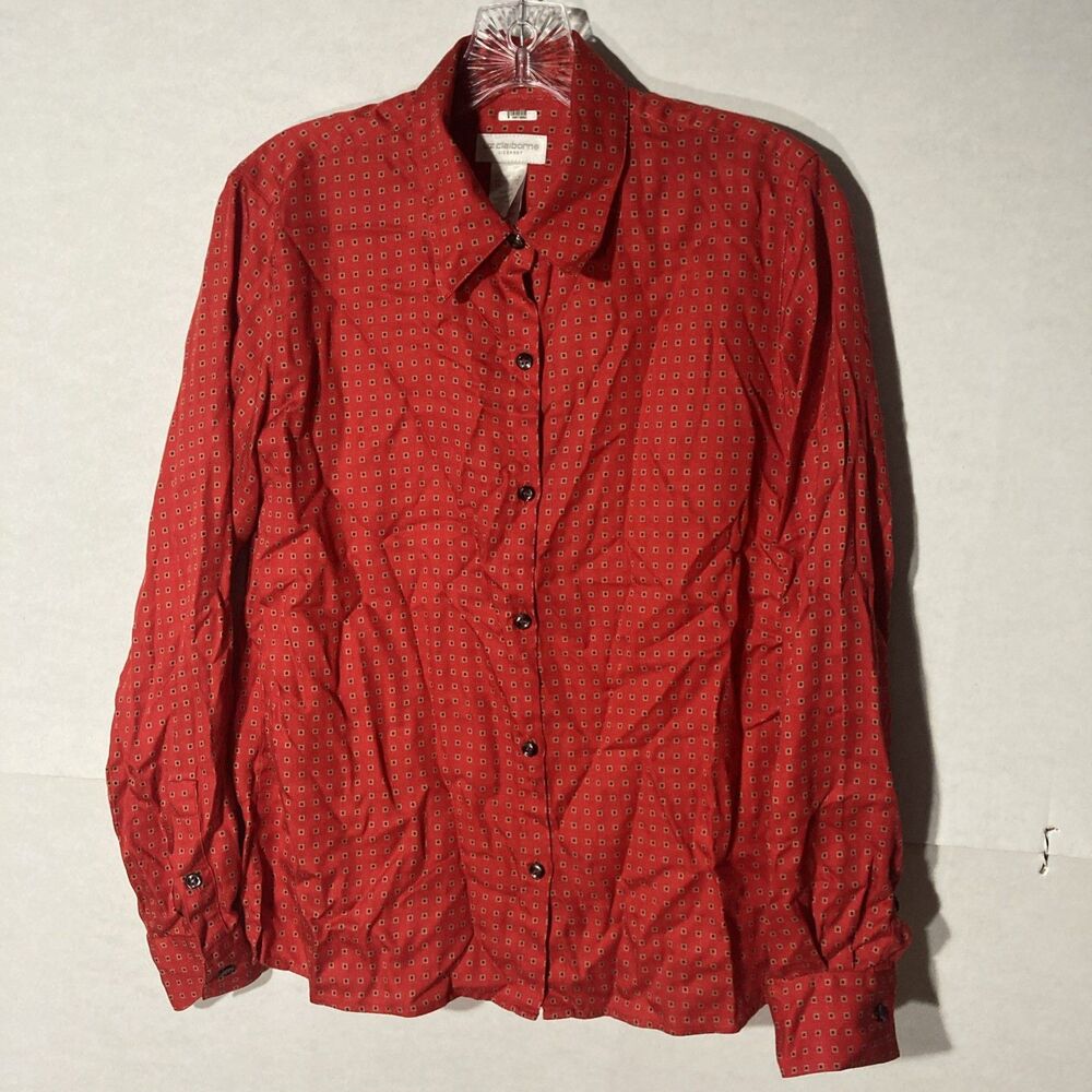 LIZ CLAIBORNE red tan black geometric long sleeve collared button up top S